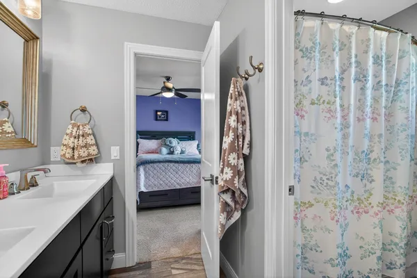 a bathroom with a sink a mirror and a shower