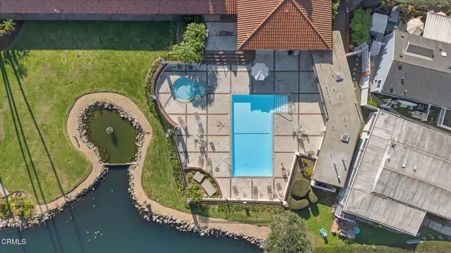 an aerial view of a building with outdoor space