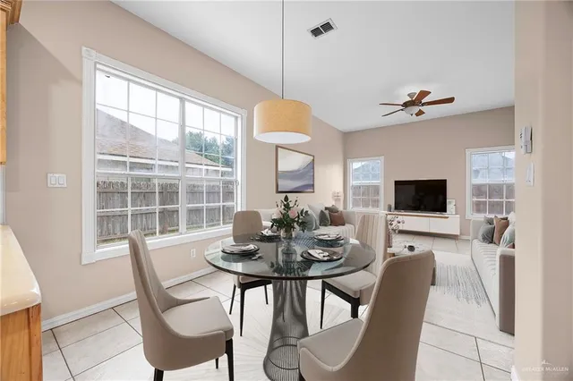 a view of a dining room with furniture window and outside view