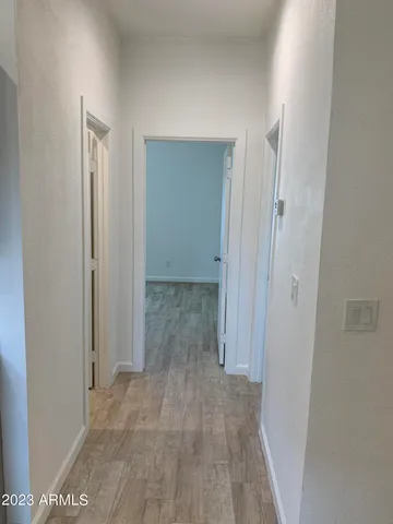 a view of a hallway with wooden floor and closet area