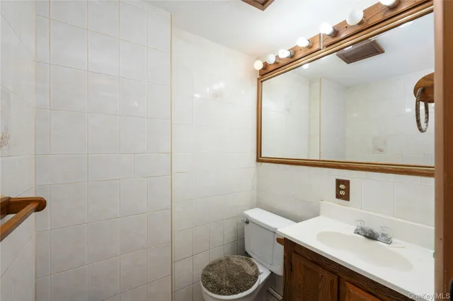 a bathroom with a sink vanity mirror and toilet