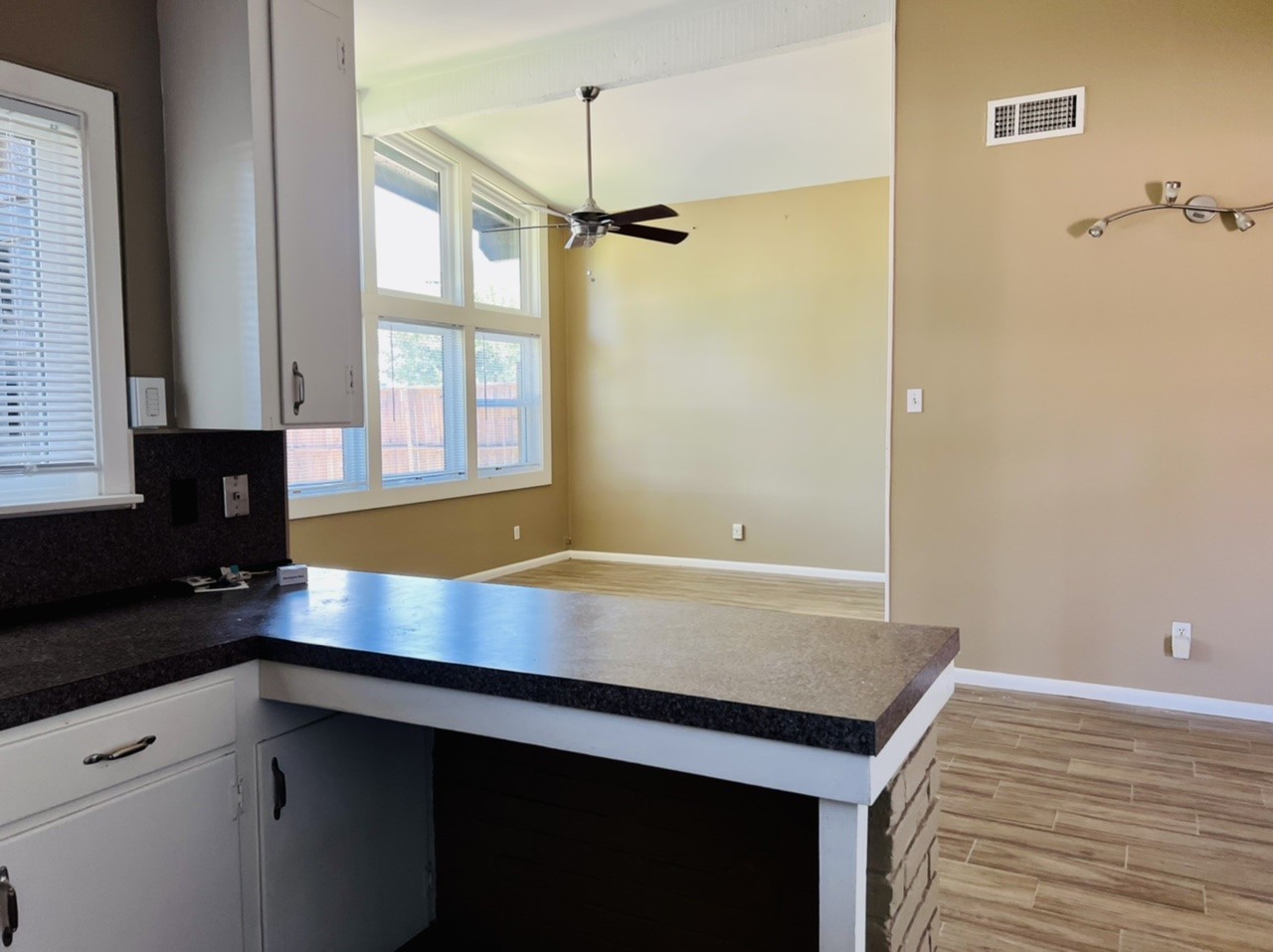 4731 Merwin Street Houston, TX 77027 - Photo 5 of 28 a view of kitchen with granite countertop a sink and dishwasher with wooden floor