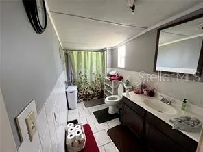 a bathroom with a sink mirror and toilet