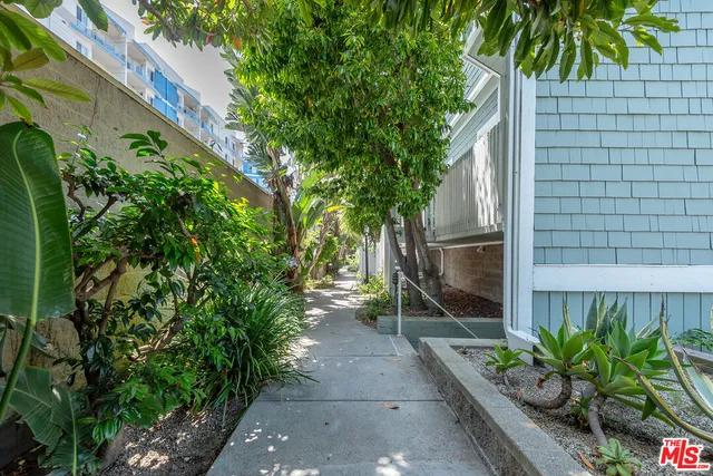 a backyard of a house with plants and outdoor seating