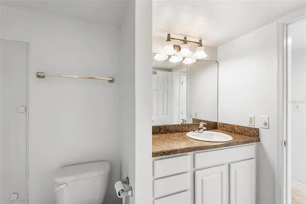 a bathroom with a sink vanity and a toilet