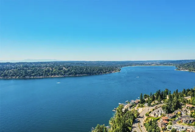 a view of a lake with a city