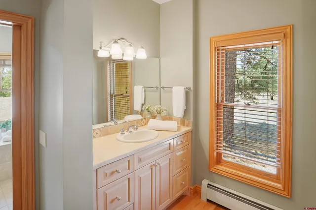 a bathroom with a sink vanity and a mirror
