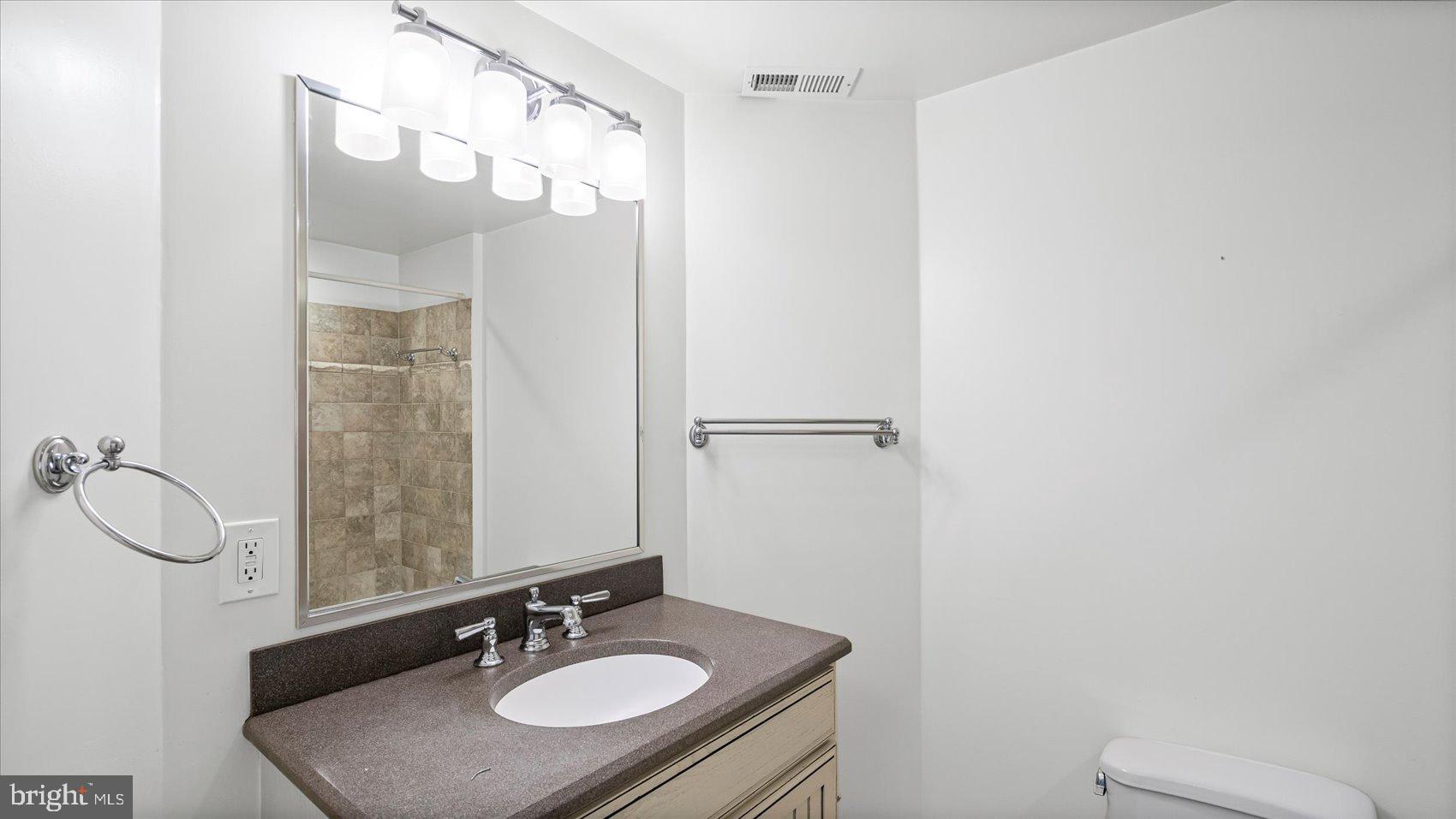 1100 North Calvert Street, Unit 2 Baltimore, MD 21202 - Photo 18 of 34 a bathroom with a granite countertop sink a mirror and a shower