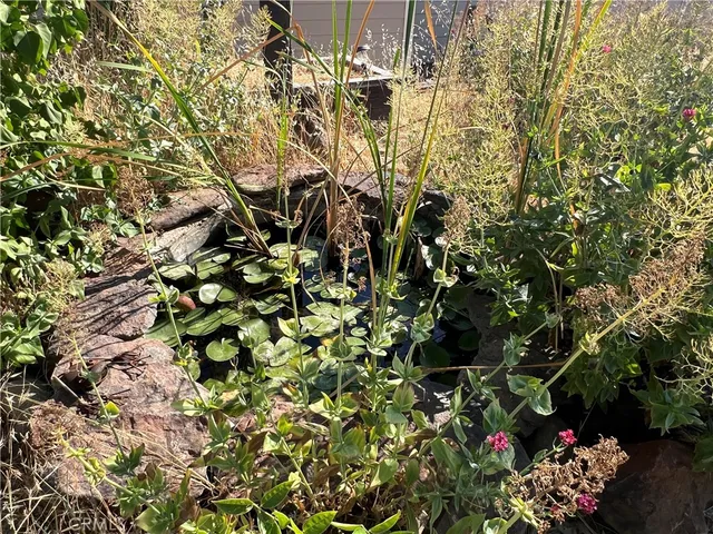 a view of a patio with table and chairs under an umbrella