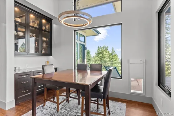 a room with wooden cabinets