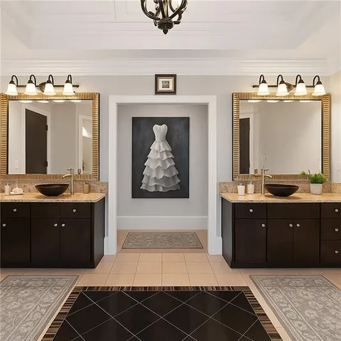 a workspace with white cabinets and wooden floor