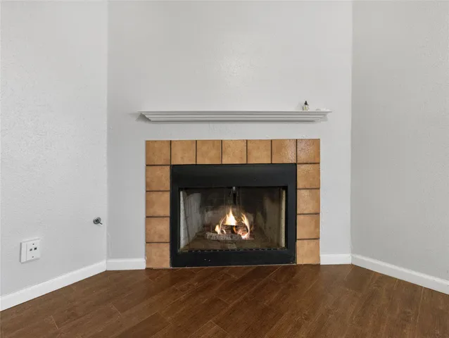 a room with a fireplace