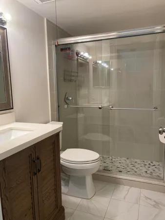 a bathroom with a shower and a toilet