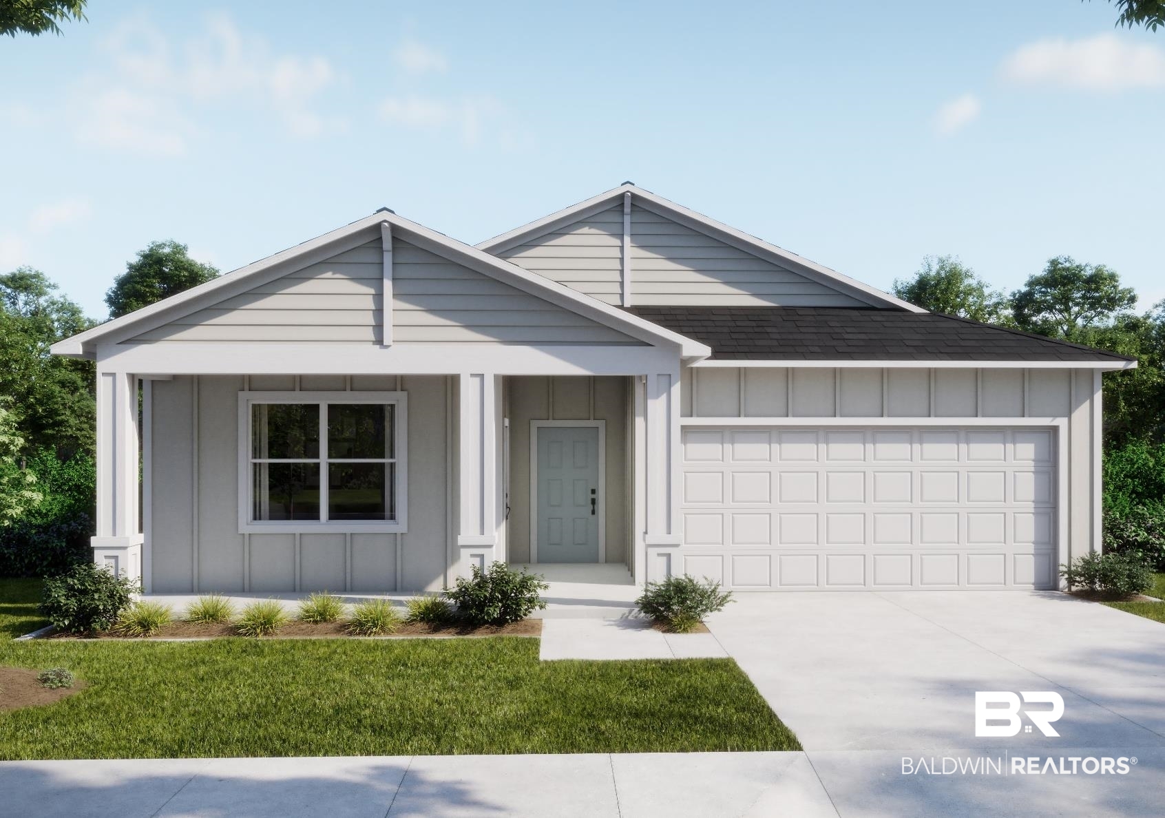 18203 Kent Circle Foley, AL 36535 - Photo 2 of 2 Contemporary exterior featuring a covered porch entry, board and batten siding, horizontal siding accents, a paneled front door, and an attached two-car garage