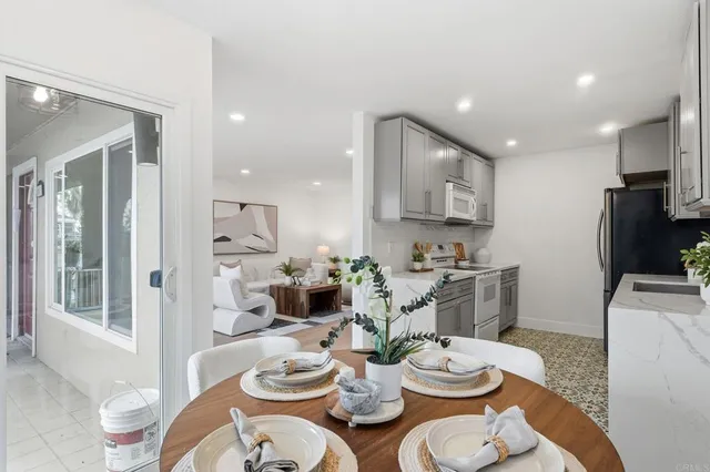 a view of a dining room and furniture