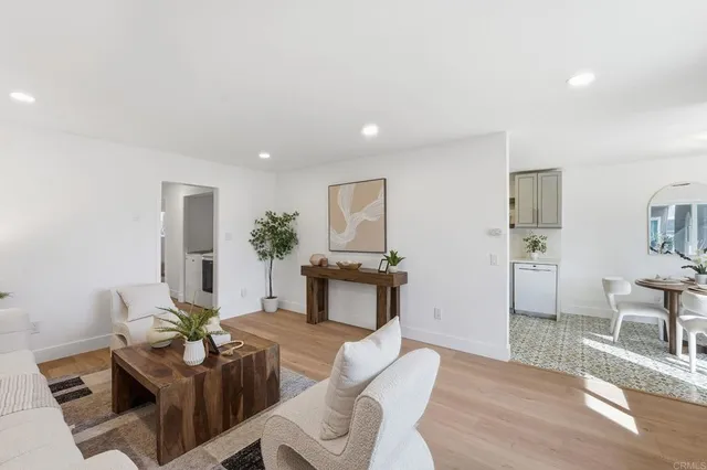 a living room with furniture and a potted plant