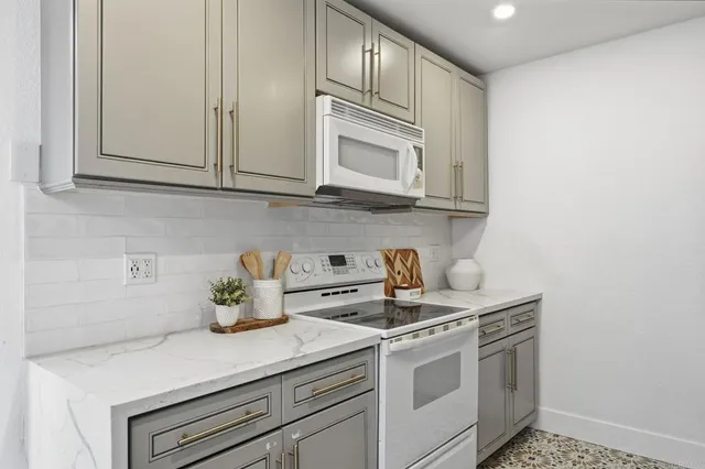 a kitchen with a sink and a potted plant