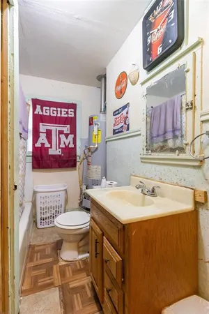 a bathroom with a sink a mirror and a toilet
