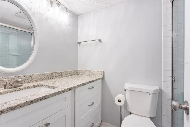 a bathroom with a granite countertop toilet sink and mirror
