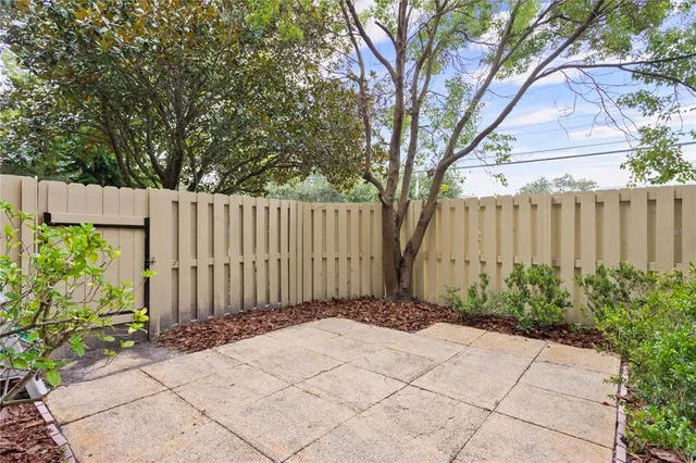 a backyard of a house with plants and trees