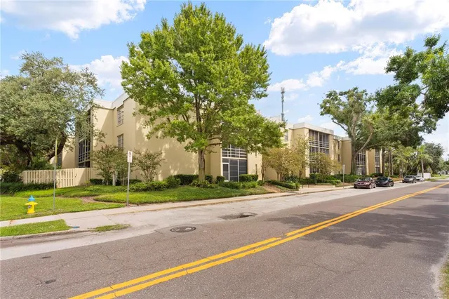 a city view with large trees