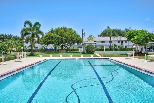 a view of a swimming pool with a garden and trees