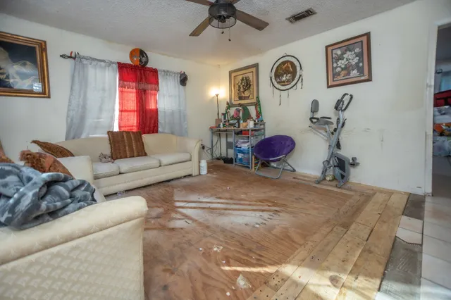 a living room with furniture ceiling fan and a rug