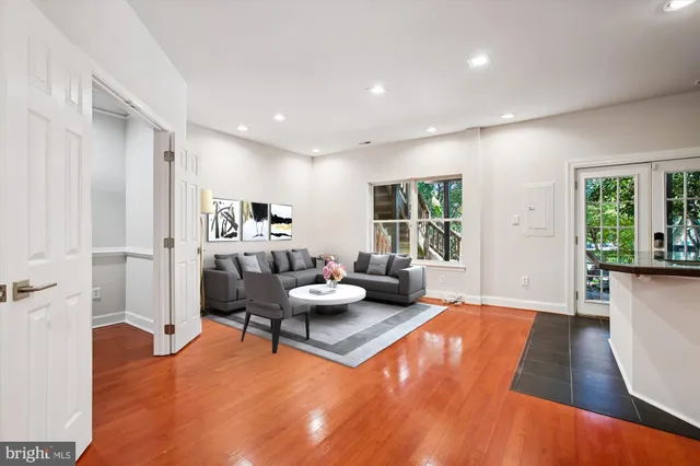 a view of a park with large trees