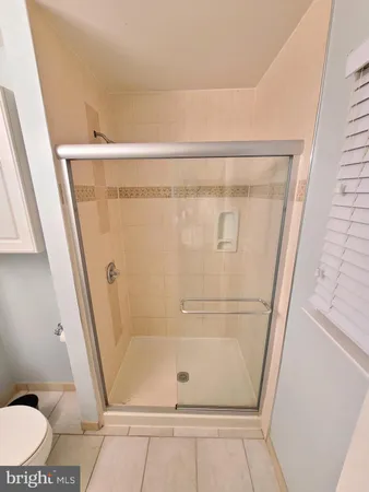 a bathroom with a shower and toilet