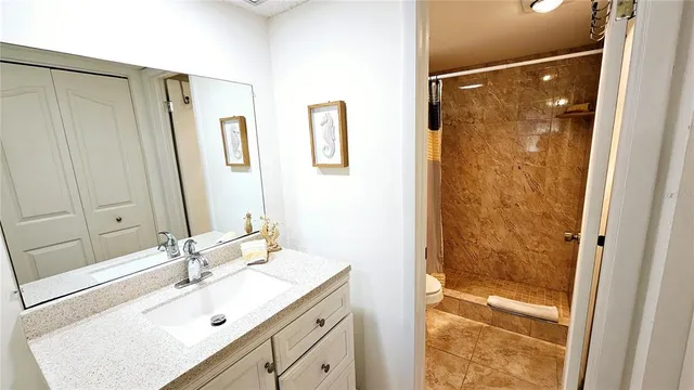 a bathroom with a shower sink vanity and mirror