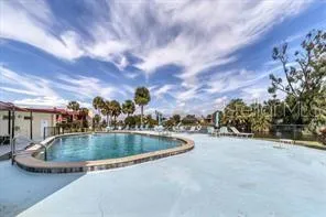 a view of a swimming pool with a yard