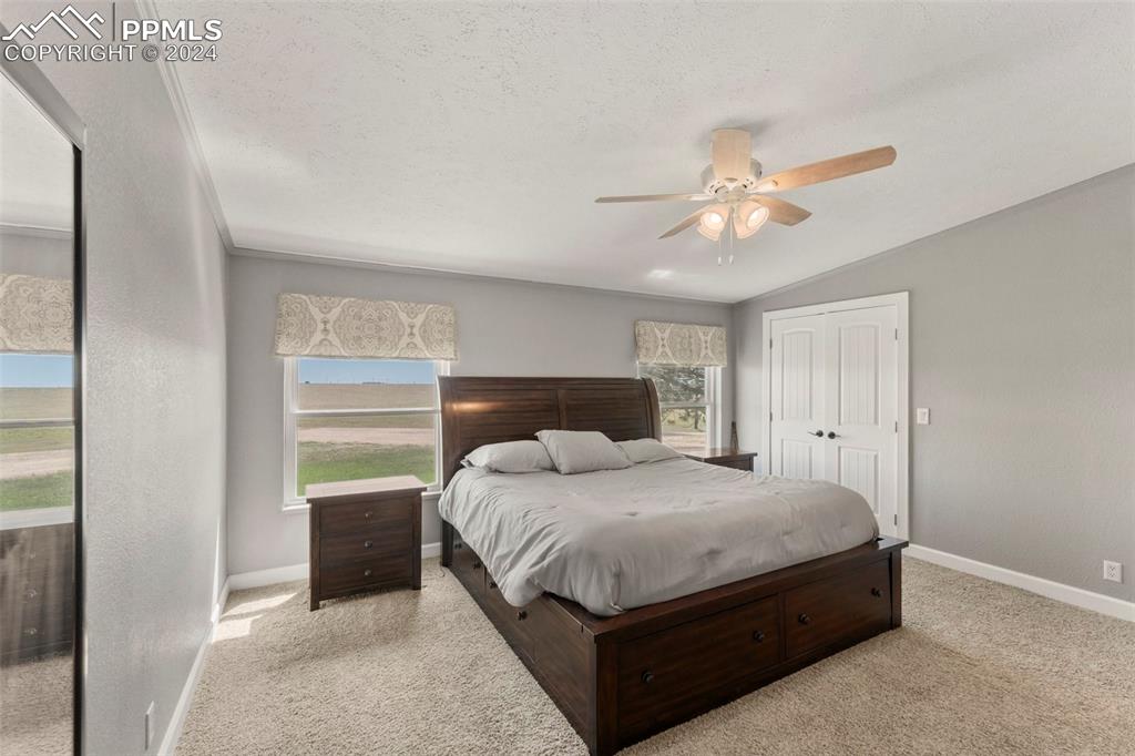 39245 Big Springs Road Rush, CO 80833 - Photo 9 of 30 a bedroom with a bed chandelier and a window