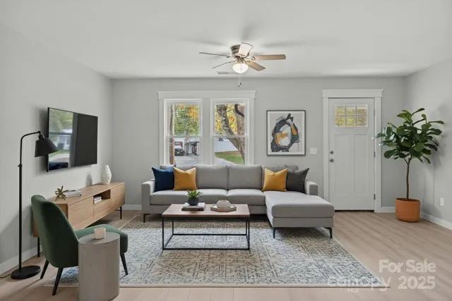 a living room with furniture and a potted plant