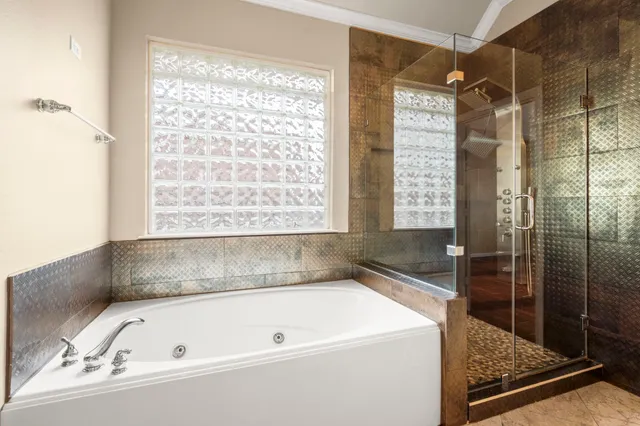 a bathroom with a bathtub and a shower