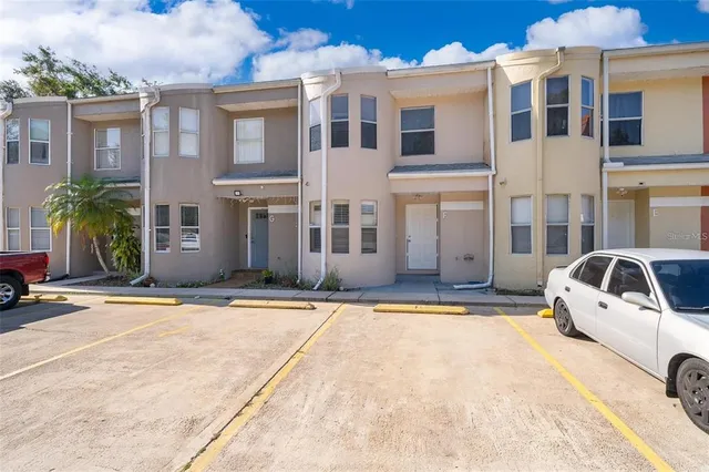 a front view of a building with windows