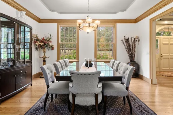 a view of a dining room with furniture window and outside view