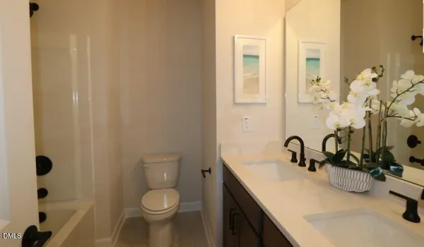 a bathroom with a sink a toilet and shower curtain