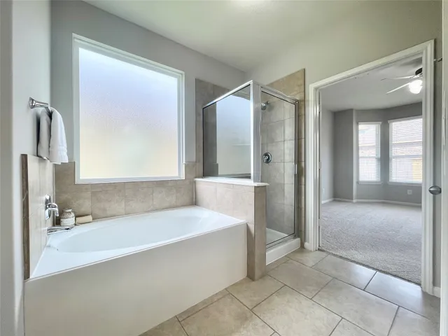a bathroom with a bathtub and a shower