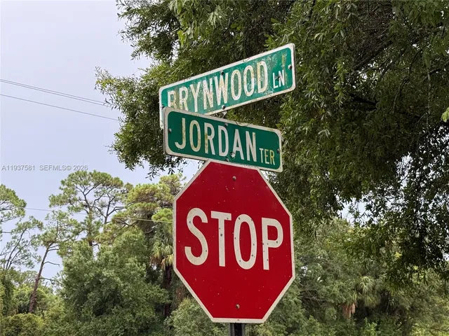 a view of a house with a big yard and palm trees
