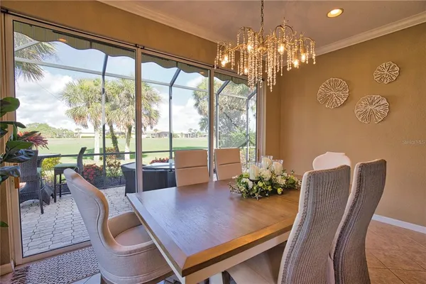 a view of a dining room with furniture window and outside view