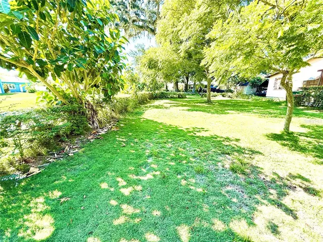 a backyard of a house with a yard and large trees
