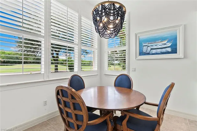a view of a dining room with furniture and window
