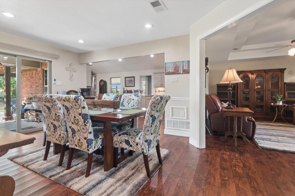 8463 Crestview Road Sanger, TX 76266 - Photo 12 of 36 Dining space featuring dark wood-type flooring, ceiling fan, and recessed lighting
