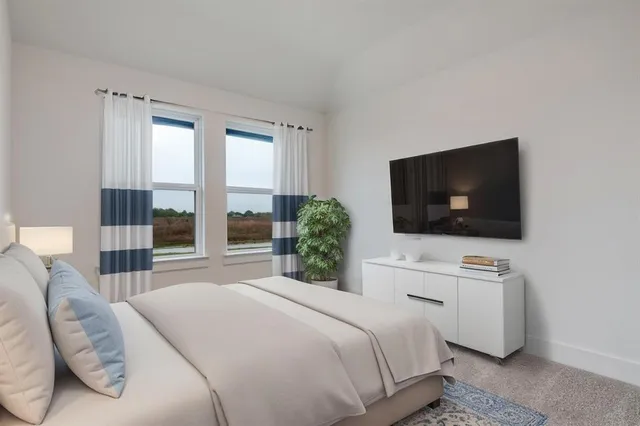 a bedroom with a bed and a flat screen tv