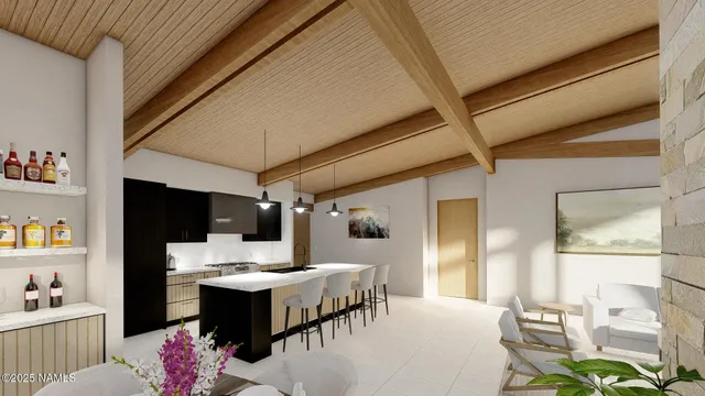 a living room with a couch and a dining table with wooden floor