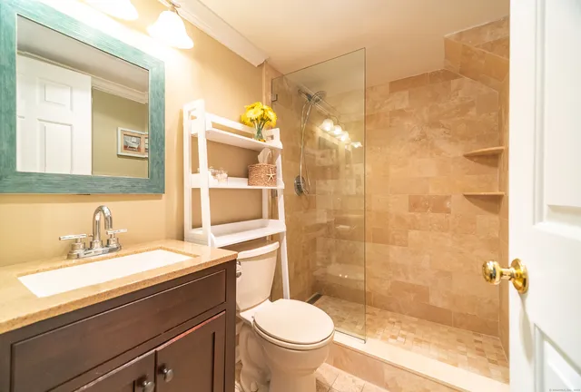 a bathroom with a sink toilet and shower