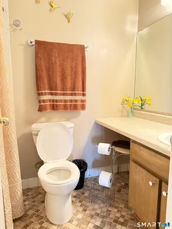 a bathroom with a toilet a sink and mirror