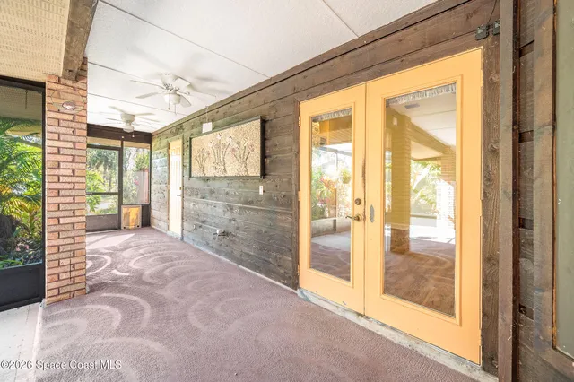 a view of a yard with plants and trees