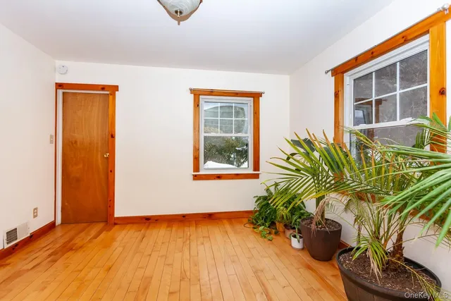 a view of a room with wooden floor and potted plant