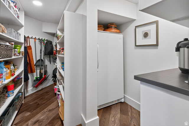 11454 South Oberland Road Sandy, UT 84092 - Photo 23 of 103 Walk-in pantry with extensive built-in shelving, wood-finish flooring, and recessed ceiling lighting